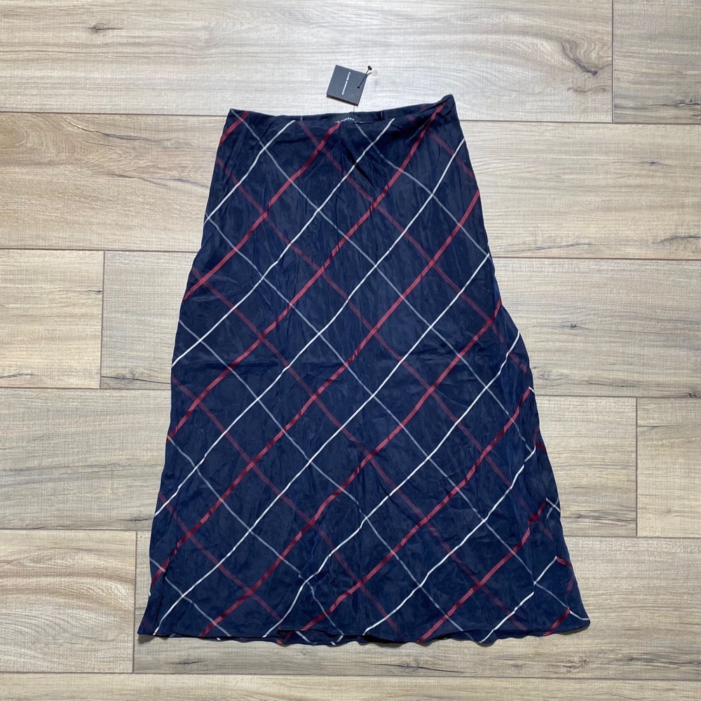 Club Monaco Women's Plaid Bias Skirt Size 00 Navy Blue Red Cream
